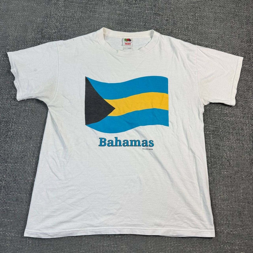 Fruit of the Loom Bahamas Flag Graphic Tee Mens Large White Vintage 2002 Y2K